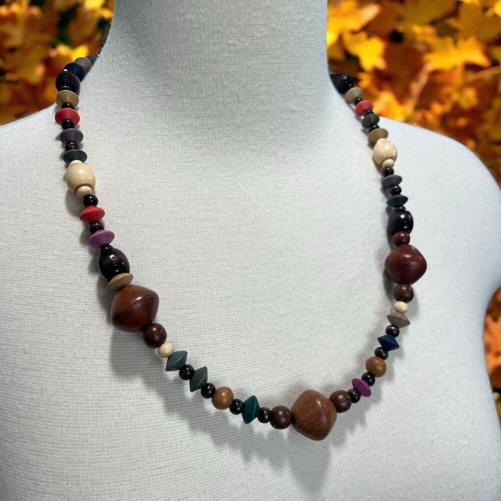 Retro Multicolor Beaded Necklace Natural Wood & Resin Artisan Boho Chic Festival